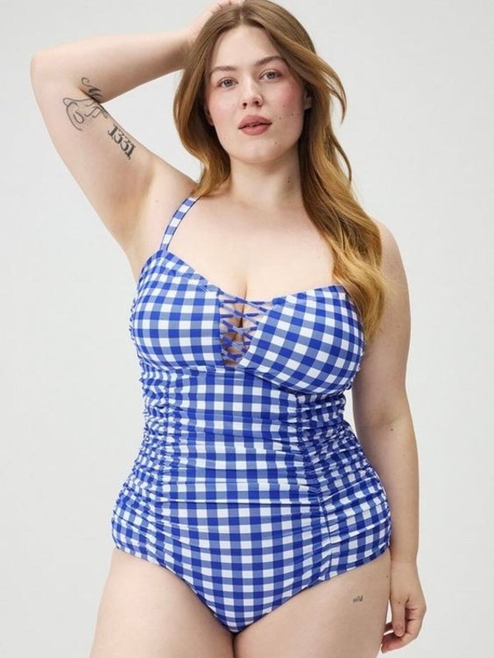 Torrid Blue Lovely Gingham Slim Fix Lattice One Piece Swimsuit Sz.3 NWT
